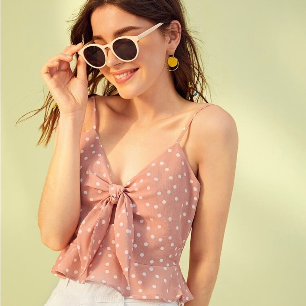 Polka Dot Tie Front Peplum Cami Top